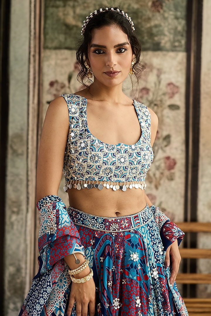Teal Blue Crepe & Georgette Printed Wedding Lehenga Set by DiyaRajvvir at Pernia's Pop Up Shop