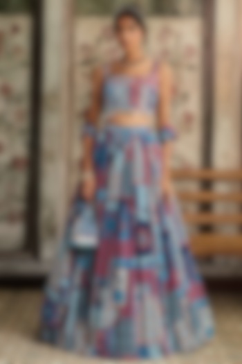 Teal Blue Crepe & Georgette Jaal Printed Wedding Lehenga Set by DiyaRajvvir at Pernia's Pop Up Shop