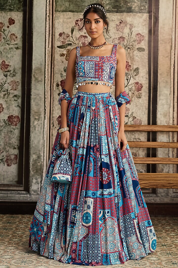 Teal Blue Crepe & Georgette Jaal Printed Wedding Lehenga Set by DiyaRajvvir at Pernia's Pop Up Shop