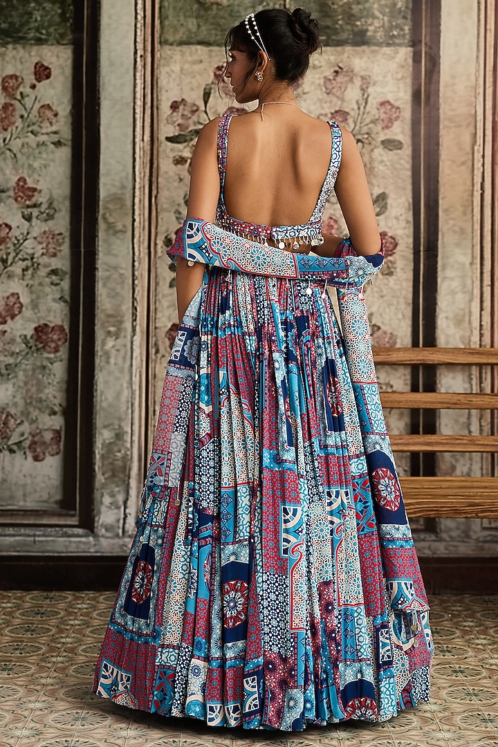 Teal Blue Crepe & Georgette Jaal Printed Wedding Lehenga Set by DiyaRajvvir at Pernia's Pop Up Shop