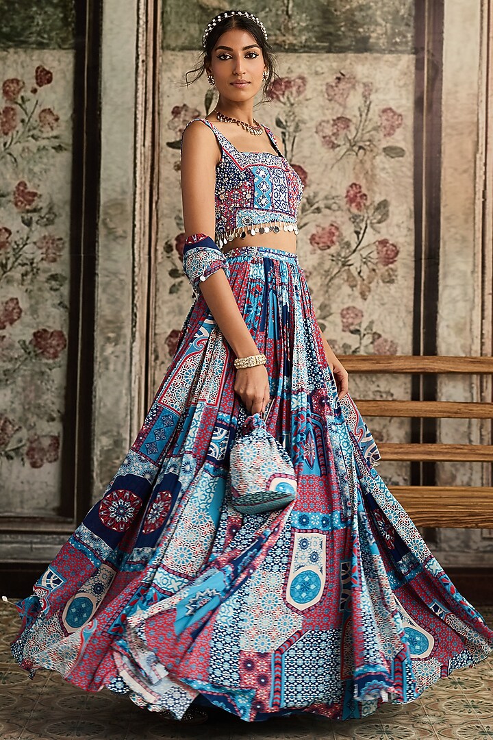 Teal Blue Crepe & Georgette Jaal Printed Wedding Lehenga Set by DiyaRajvvir at Pernia's Pop Up Shop