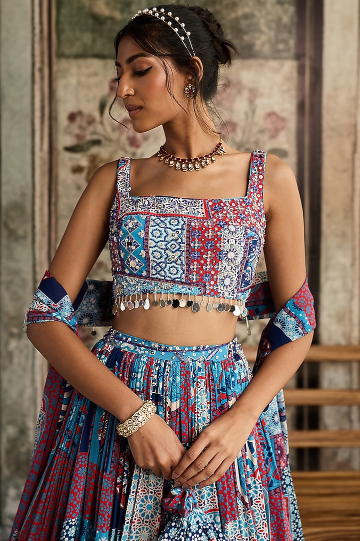Teal Blue Crepe & Georgette Jaal Printed Wedding Lehenga Set by DiyaRajvvir at Pernia's Pop Up Shop