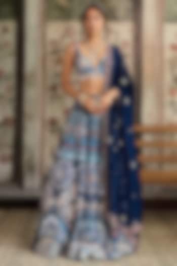 Teal Blue Crepe & Georgette Geometric Printed Wedding Lehenga Set by DiyaRajvvir at Pernia's Pop Up Shop