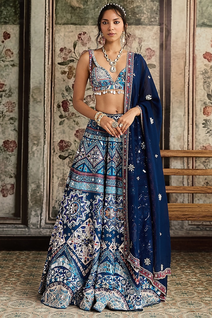 Teal Blue Crepe & Georgette Geometric Printed Wedding Lehenga Set by DiyaRajvvir at Pernia's Pop Up Shop