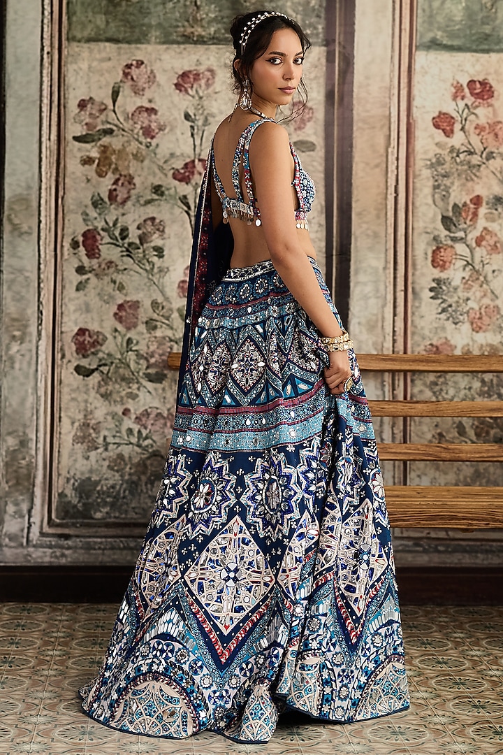 Teal Blue Crepe & Georgette Geometric Printed Wedding Lehenga Set by DiyaRajvvir at Pernia's Pop Up Shop
