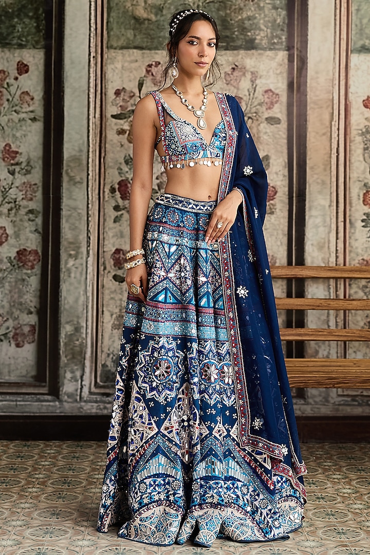 Teal Blue Crepe & Georgette Geometric Printed Wedding Lehenga Set by DiyaRajvvir at Pernia's Pop Up Shop