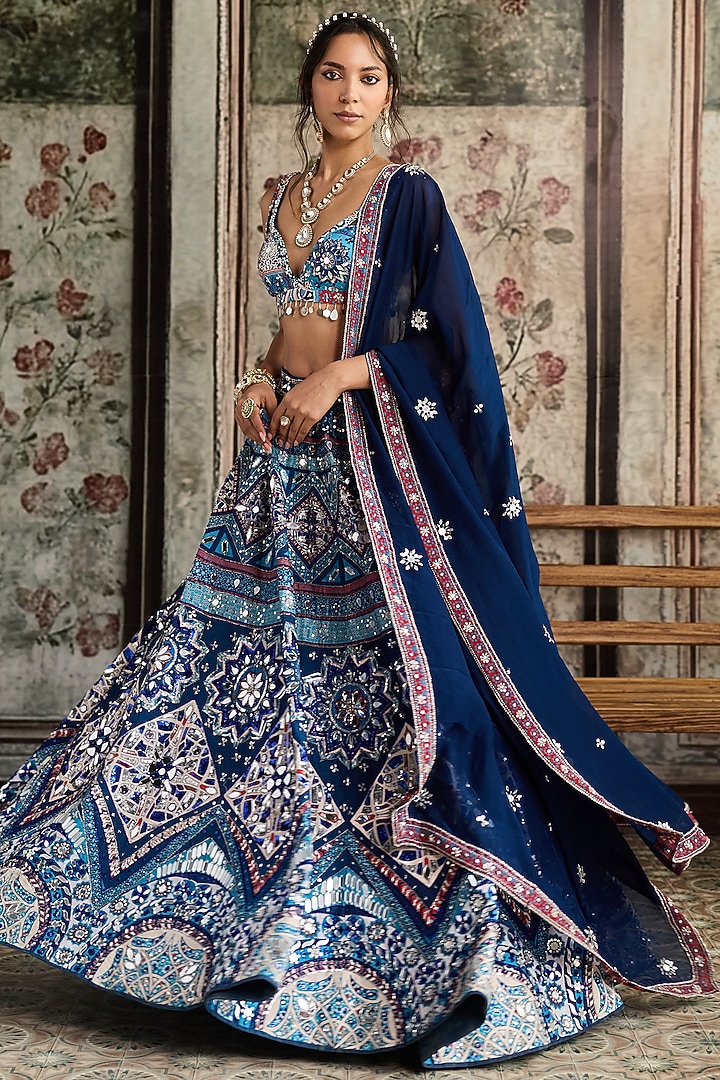 Teal Blue Crepe & Georgette Geometric Printed Wedding Lehenga Set by DiyaRajvvir at Pernia's Pop Up Shop