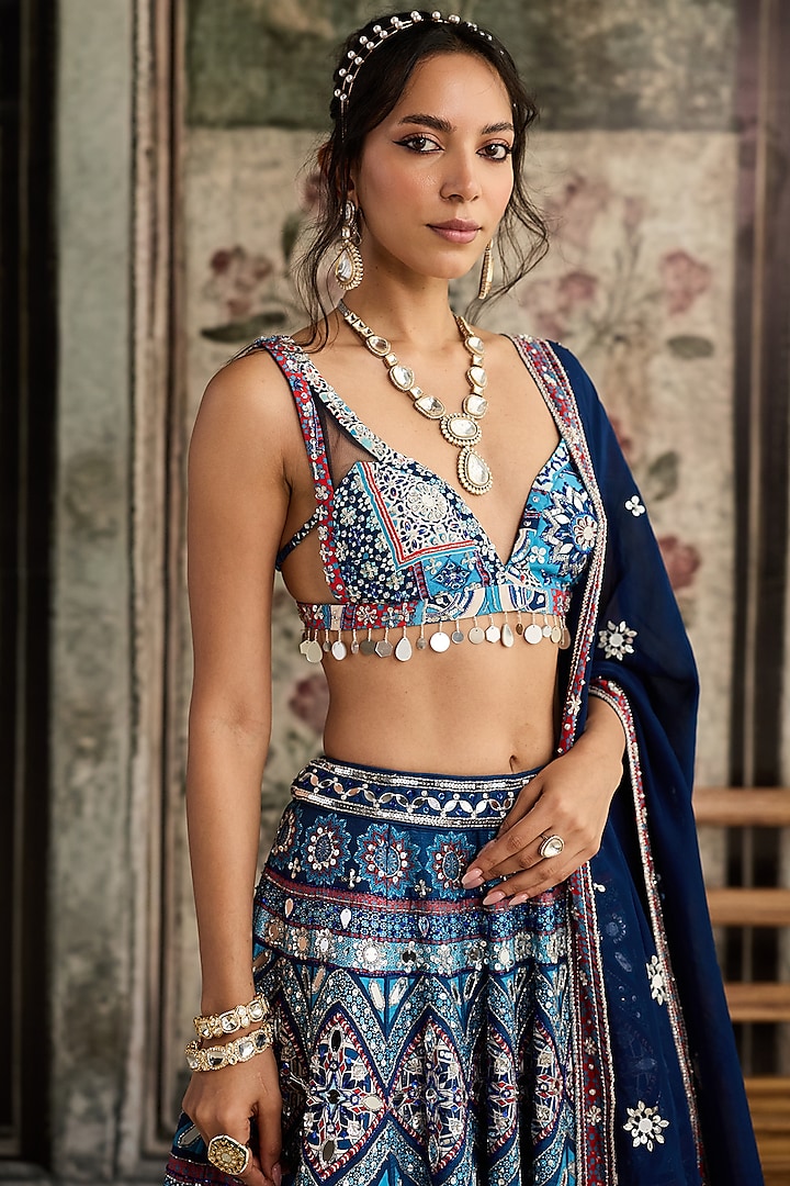 Teal Blue Crepe & Georgette Geometric Printed Wedding Lehenga Set by DiyaRajvvir at Pernia's Pop Up Shop