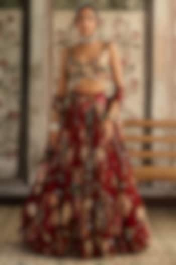 Red Crepe & Georgette Floral Printed Wedding Lehenga Set by DiyaRajvvir at Pernia's Pop Up Shop
