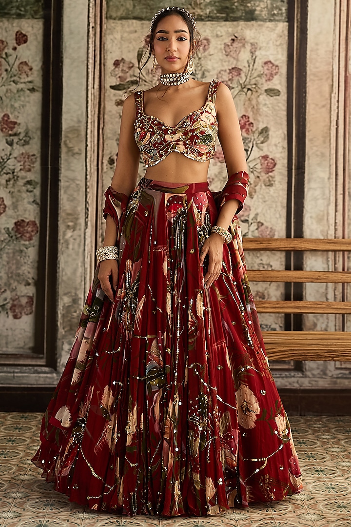 Red Crepe & Georgette Floral Printed Wedding Lehenga Set by DiyaRajvvir at Pernia's Pop Up Shop