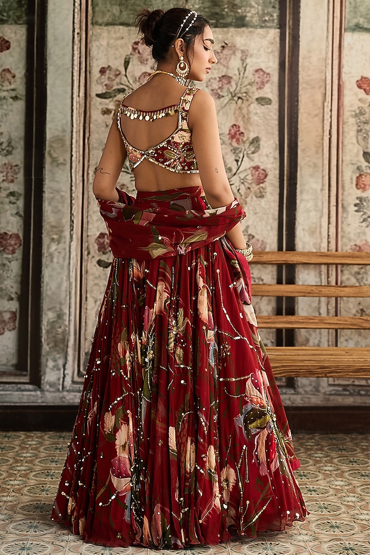 Red Crepe & Georgette Floral Printed Wedding Lehenga Set by DiyaRajvvir at Pernia's Pop Up Shop