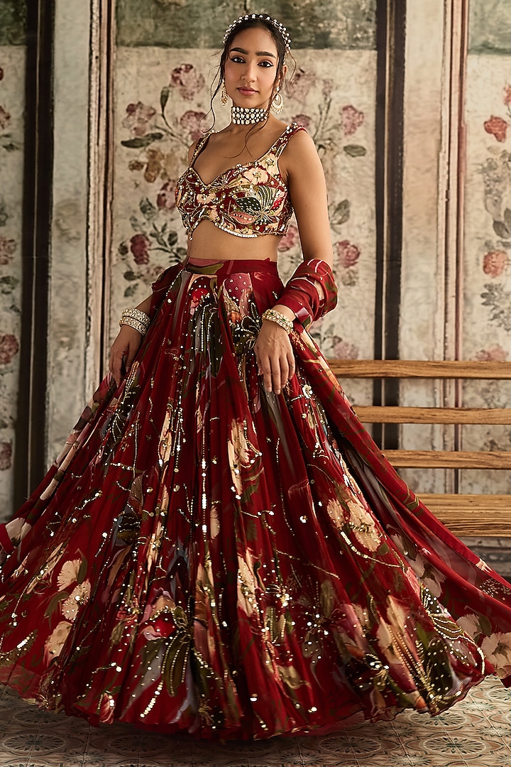 Red Crepe & Georgette Floral Printed Wedding Lehenga Set by DiyaRajvvir at Pernia's Pop Up Shop