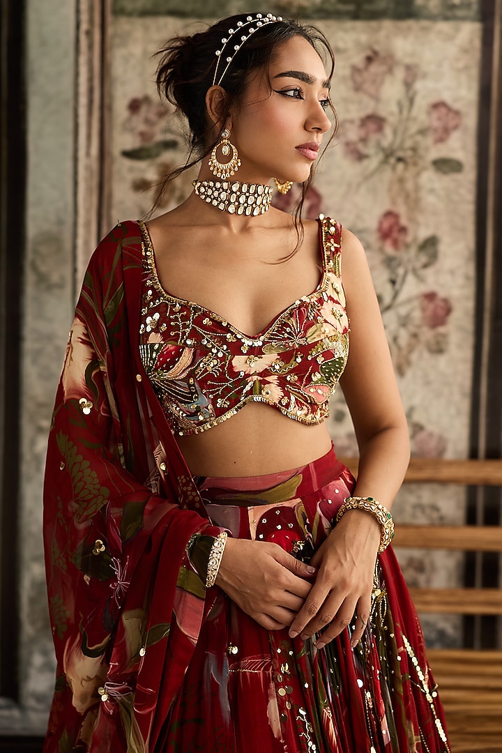 Red Crepe & Georgette Floral Printed Wedding Lehenga Set by DiyaRajvvir at Pernia's Pop Up Shop