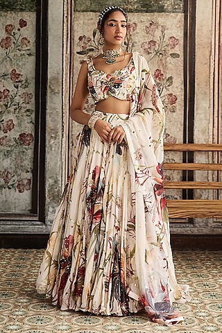 Ivory Crepe Floral Printed Lehenga Set by DiyaRajvvir