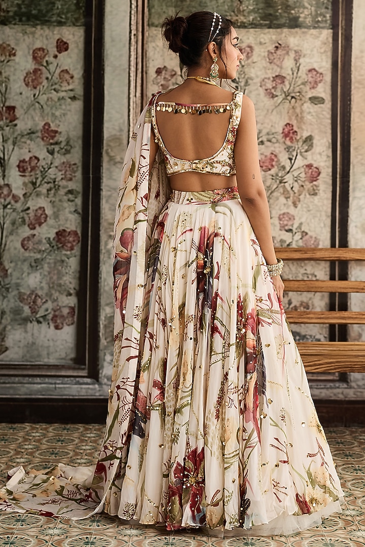 Ivory Crepe Floral Printed Wedding Lehenga Set by DiyaRajvvir at Pernia's Pop Up Shop