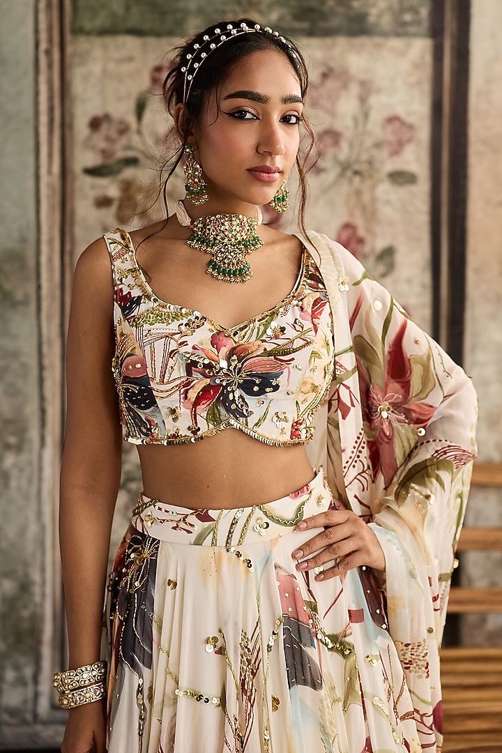 Ivory Crepe Floral Printed Wedding Lehenga Set by DiyaRajvvir at Pernia's Pop Up Shop