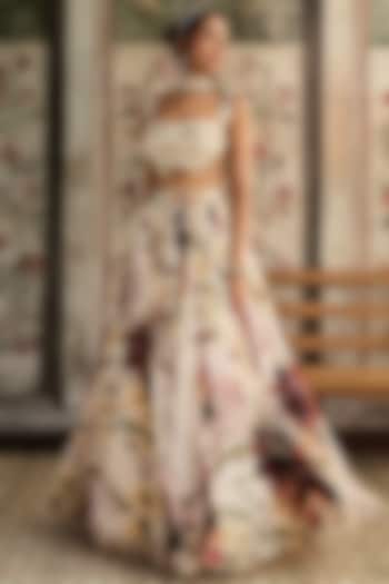 Ivory Crepe & Georgette Leaf Printed Wedding Lehenga Set by DiyaRajvvir at Pernia's Pop Up Shop