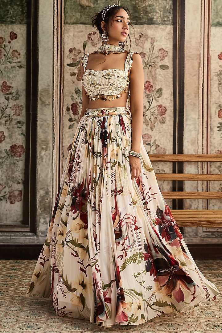 Ivory Crepe & Georgette Leaf Printed Wedding Lehenga Set by DiyaRajvvir at Pernia's Pop Up Shop