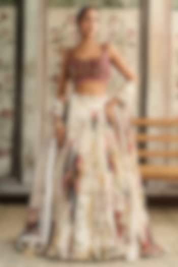 Ivory Tulle & Organza Floral Printed Wedding Lehenga Set by DiyaRajvvir at Pernia's Pop Up Shop