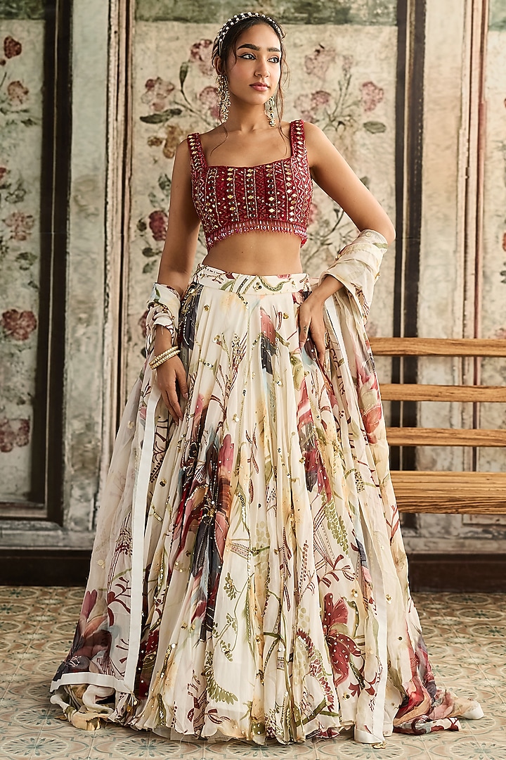 Ivory Tulle & Organza Floral Printed Wedding Lehenga Set by DiyaRajvvir at Pernia's Pop Up Shop
