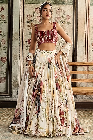 Ivory Tulle & Organza Floral Printed Lehenga Set by DiyaRajvvir