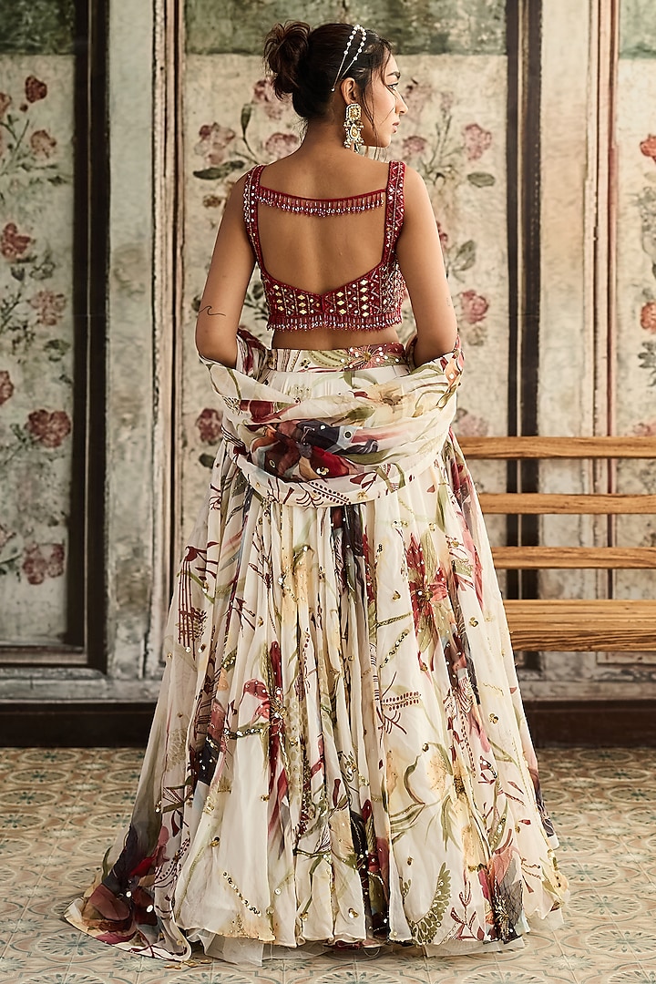 Ivory Tulle & Organza Floral Printed Wedding Lehenga Set by DiyaRajvvir at Pernia's Pop Up Shop