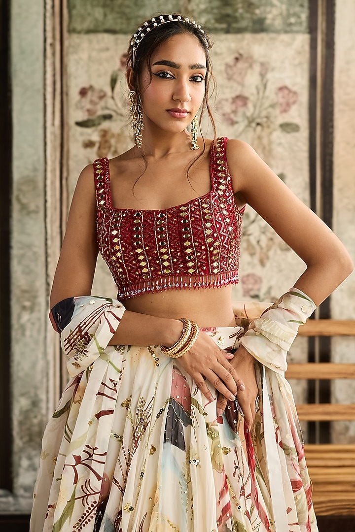 Ivory Tulle & Organza Floral Printed Wedding Lehenga Set by DiyaRajvvir at Pernia's Pop Up Shop