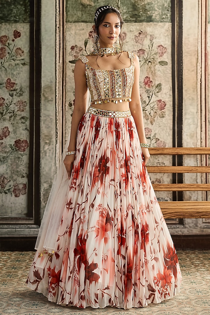 Ivory & Rust Crepe & Georgette Floral Printed Wedding Lehenga Set by DiyaRajvvir at Pernia's Pop Up Shop