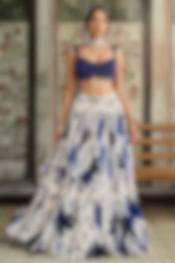 Ivory & Blue Crepe & Georgette Floral Printed Wedding Lehenga Set by DiyaRajvvir at Pernia's Pop Up Shop