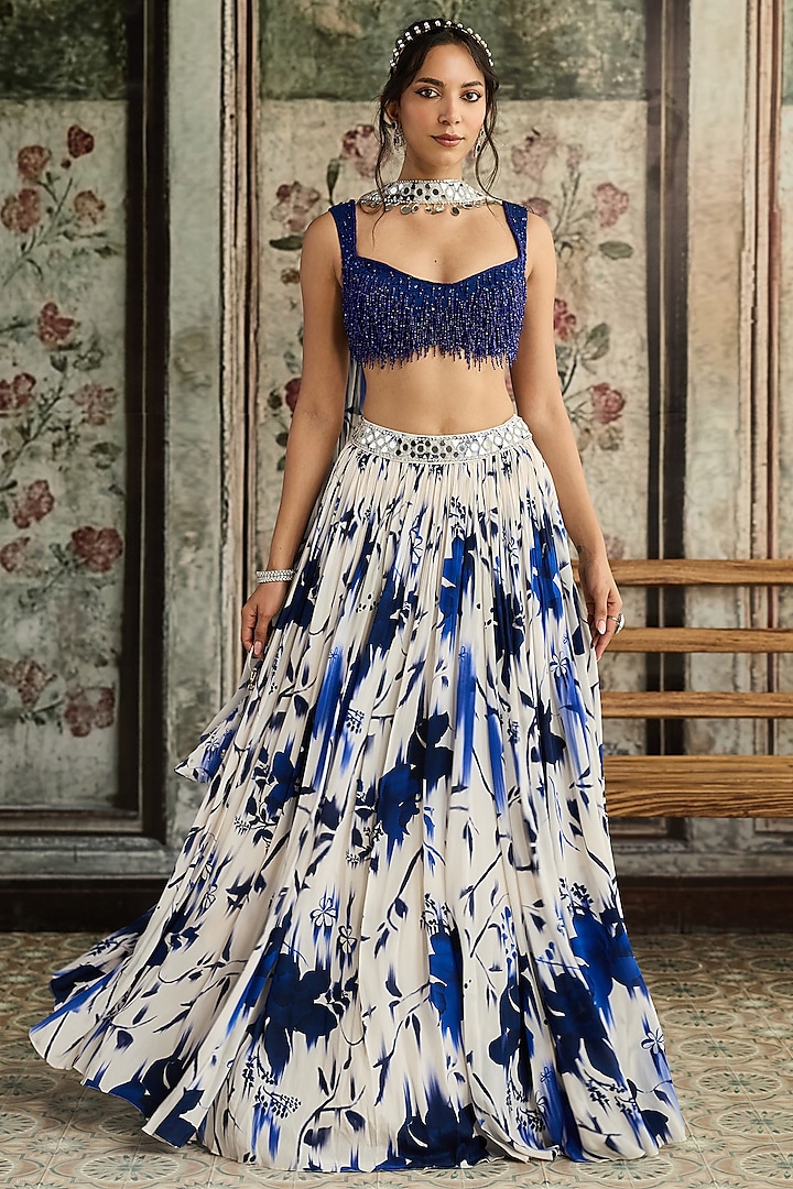 Ivory & Blue Crepe & Georgette Floral Printed Wedding Lehenga Set by DiyaRajvvir at Pernia's Pop Up Shop