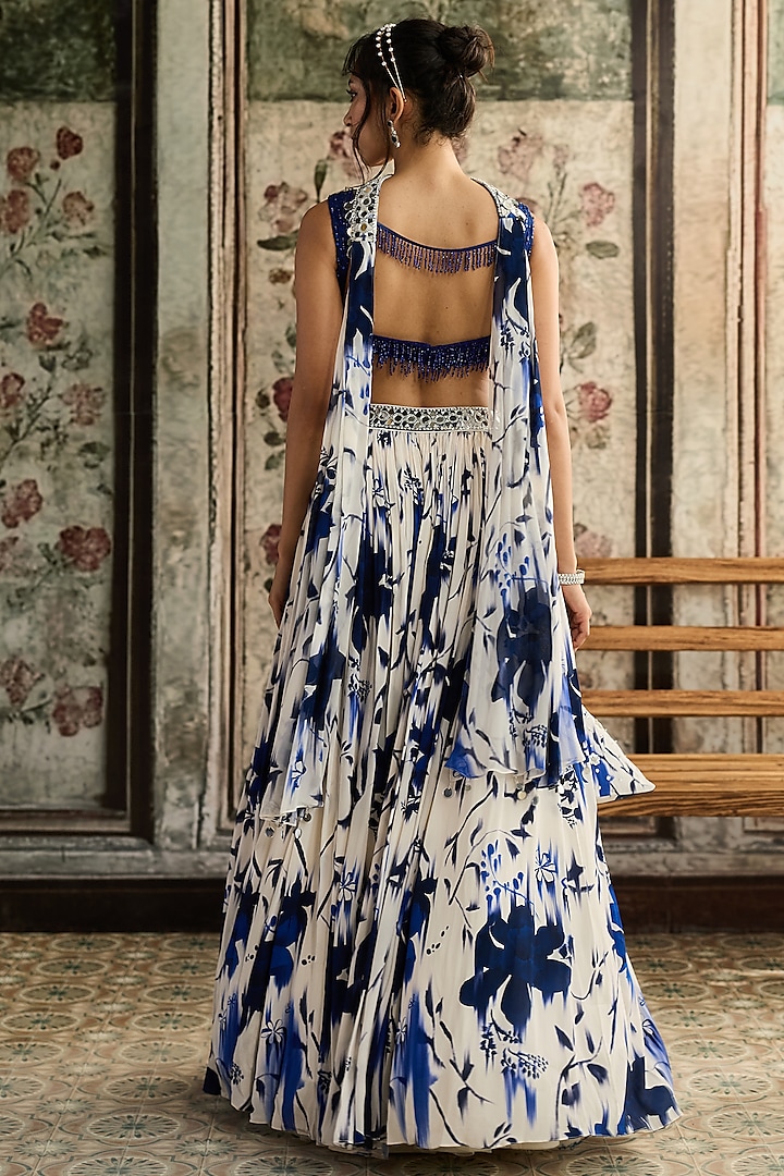 Ivory & Blue Crepe & Georgette Floral Printed Wedding Lehenga Set by DiyaRajvvir at Pernia's Pop Up Shop