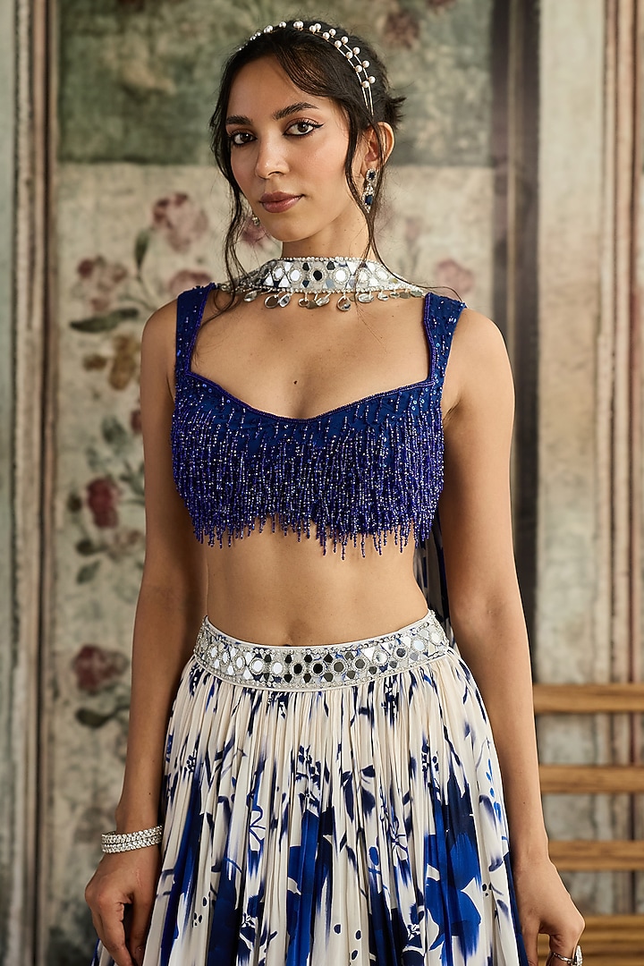 Ivory & Blue Crepe & Georgette Floral Printed Wedding Lehenga Set by DiyaRajvvir at Pernia's Pop Up Shop