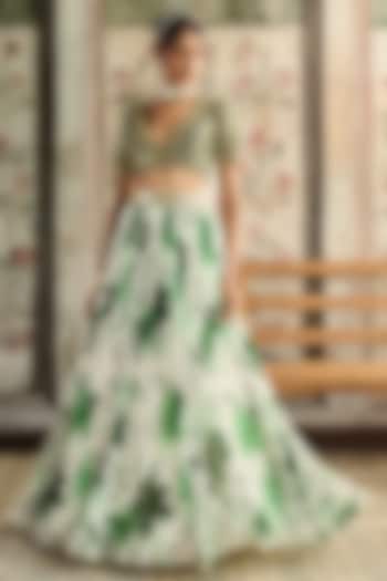 Ivory & Green Crepe & Georgette Floral Printed Wedding Lehenga Set by DiyaRajvvir at Pernia's Pop Up Shop