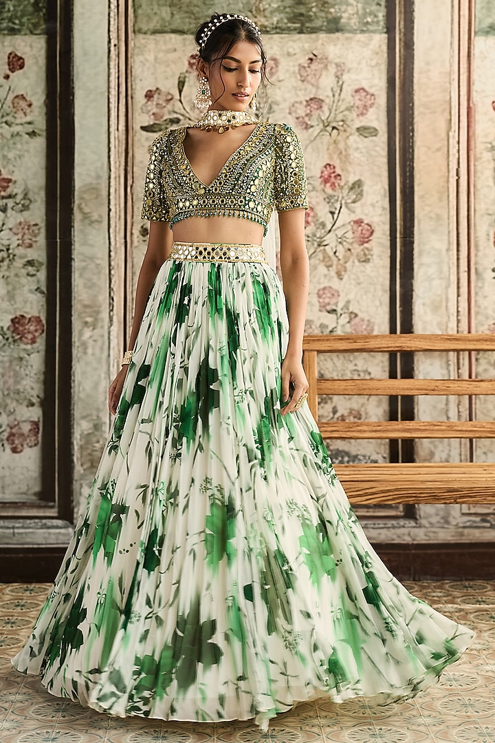 Ivory & Green Crepe & Georgette Floral Printed Wedding Lehenga Set by DiyaRajvvir at Pernia's Pop Up Shop