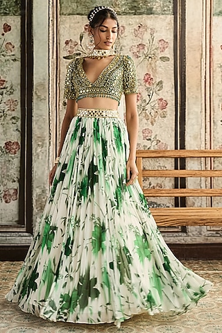 Ivory & Green Crepe & Georgette Floral Printed Lehenga Set by DiyaRajvvir