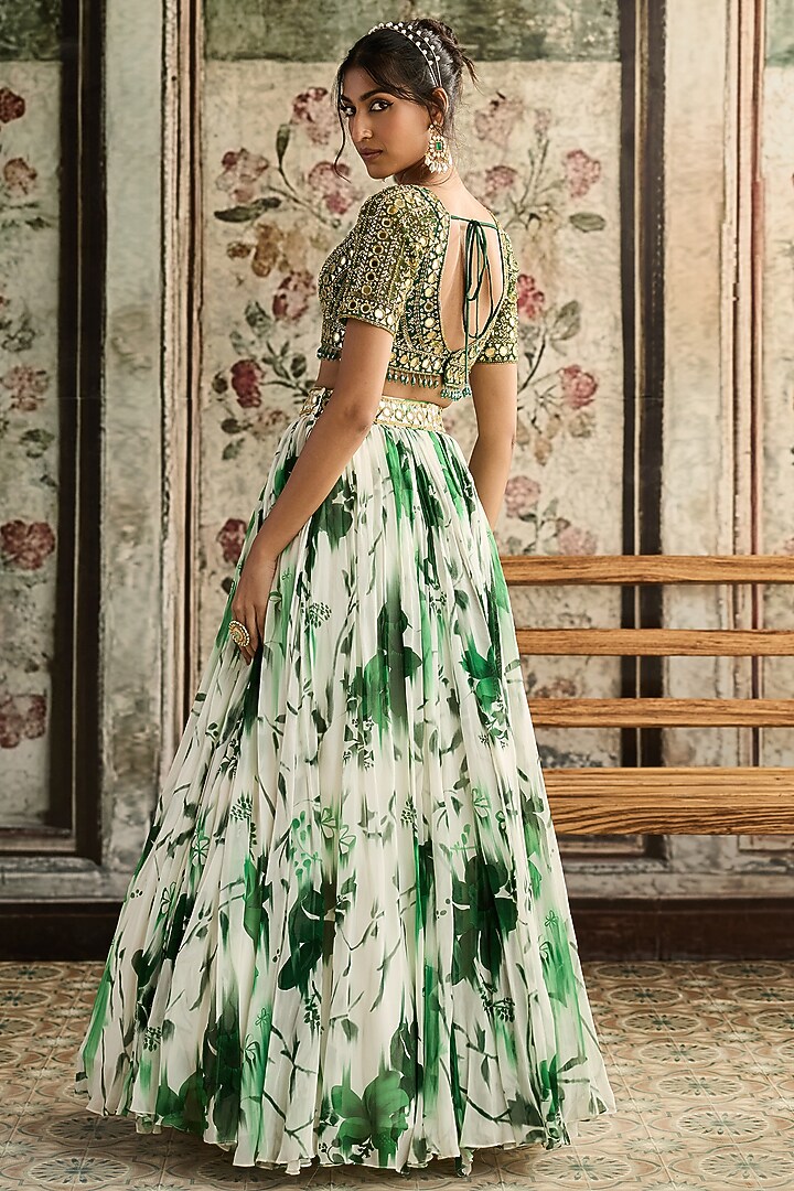 Ivory & Green Crepe & Georgette Floral Printed Wedding Lehenga Set by DiyaRajvvir at Pernia's Pop Up Shop