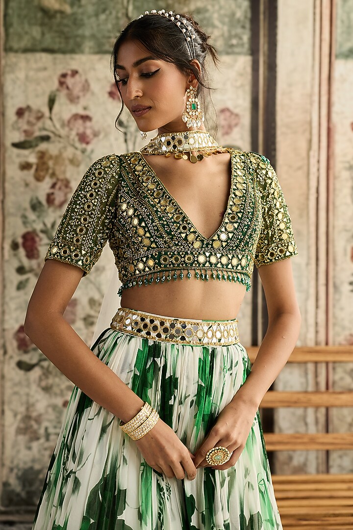 Ivory & Green Crepe & Georgette Floral Printed Wedding Lehenga Set by DiyaRajvvir at Pernia's Pop Up Shop