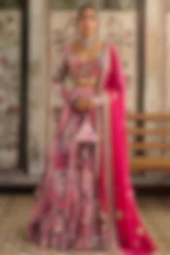 Fuchsia Crepe & Georgette Abstract Jaal Printed Wedding Lehenga Set by DiyaRajvvir at Pernia's Pop Up Shop