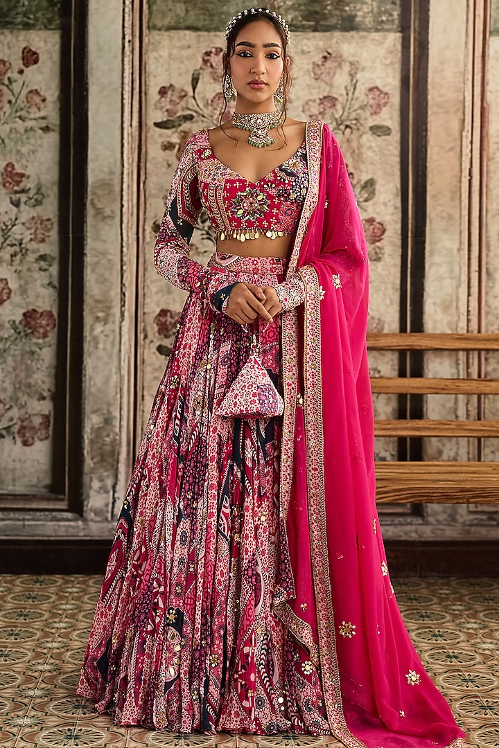 Fuchsia Crepe & Georgette Abstract Jaal Printed Wedding Lehenga Set by DiyaRajvvir at Pernia's Pop Up Shop