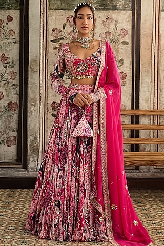 Fuchsia Crepe & Georgette Abstract Jaal Printed Lehenga Set by DiyaRajvvir