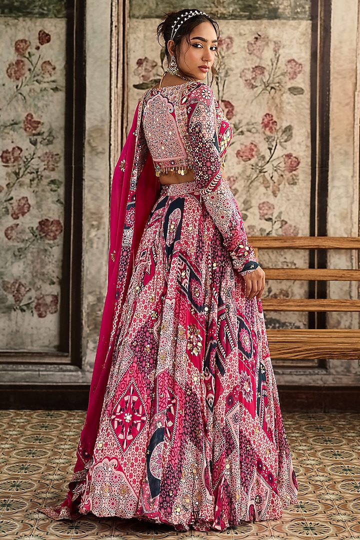 Fuchsia Crepe & Georgette Abstract Jaal Printed Wedding Lehenga Set by DiyaRajvvir at Pernia's Pop Up Shop