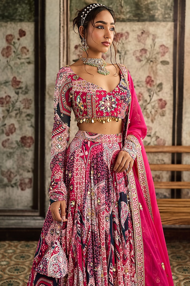 Fuchsia Crepe & Georgette Abstract Jaal Printed Wedding Lehenga Set by DiyaRajvvir at Pernia's Pop Up Shop
