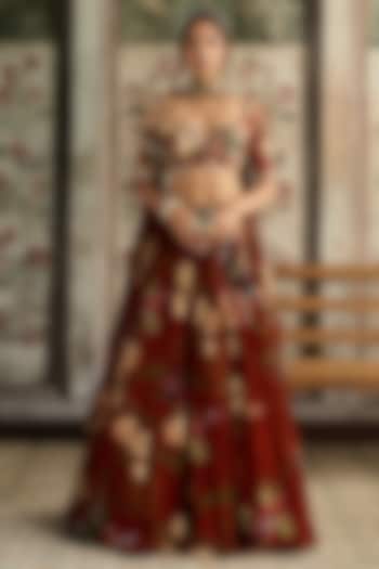 Rust Georgette & Crepe Floral Printed Wedding Lehenga Set by DiyaRajvvir at Pernia's Pop Up Shop