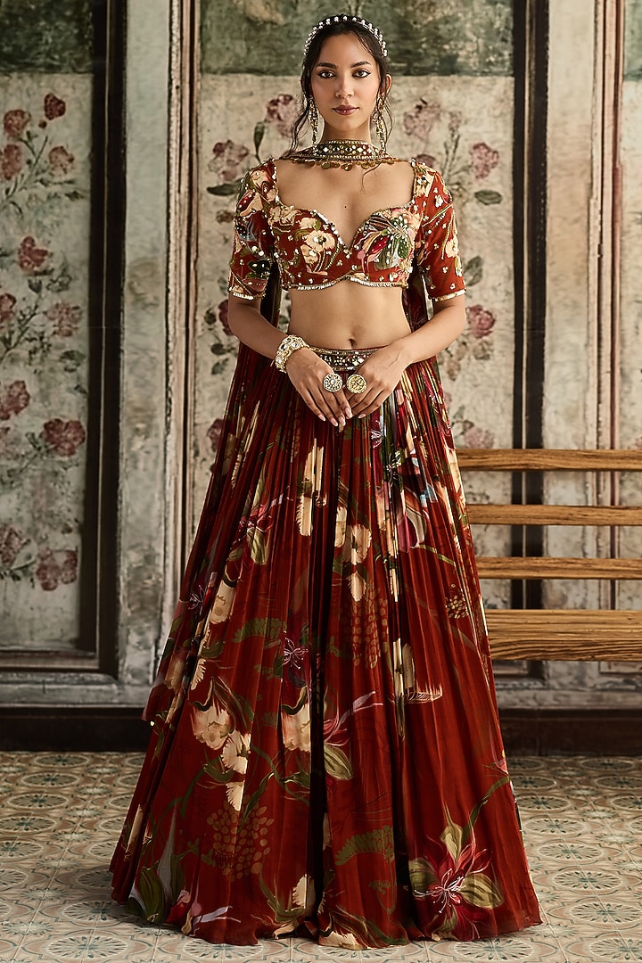 Rust Georgette & Crepe Floral Printed Wedding Lehenga Set by DiyaRajvvir at Pernia's Pop Up Shop