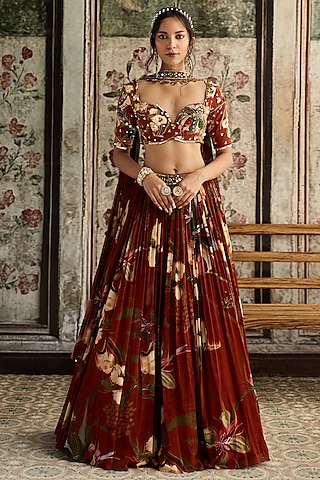 Rust Georgette & Crepe Floral Printed Lehenga Set by DiyaRajvvir