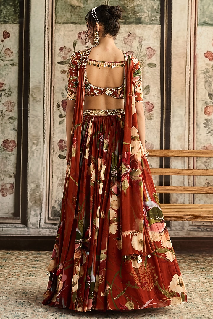 Rust Georgette & Crepe Floral Printed Wedding Lehenga Set by DiyaRajvvir at Pernia's Pop Up Shop
