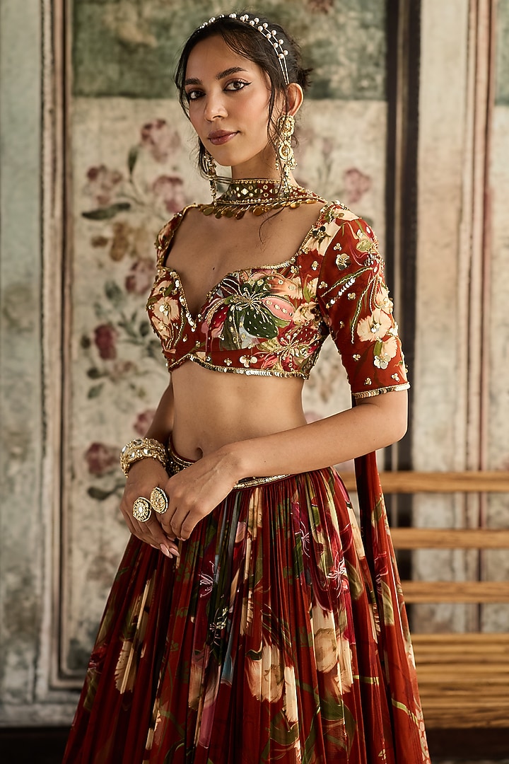 Rust Georgette & Crepe Floral Printed Wedding Lehenga Set by DiyaRajvvir at Pernia's Pop Up Shop