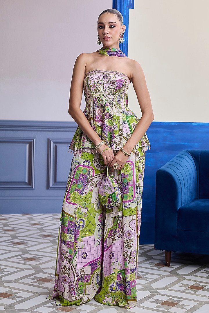 Bubblegum Purple Crepe Mosaic Printed Peplum Kurta Set by DiyaRajvvir at Pernia's Pop Up Shop