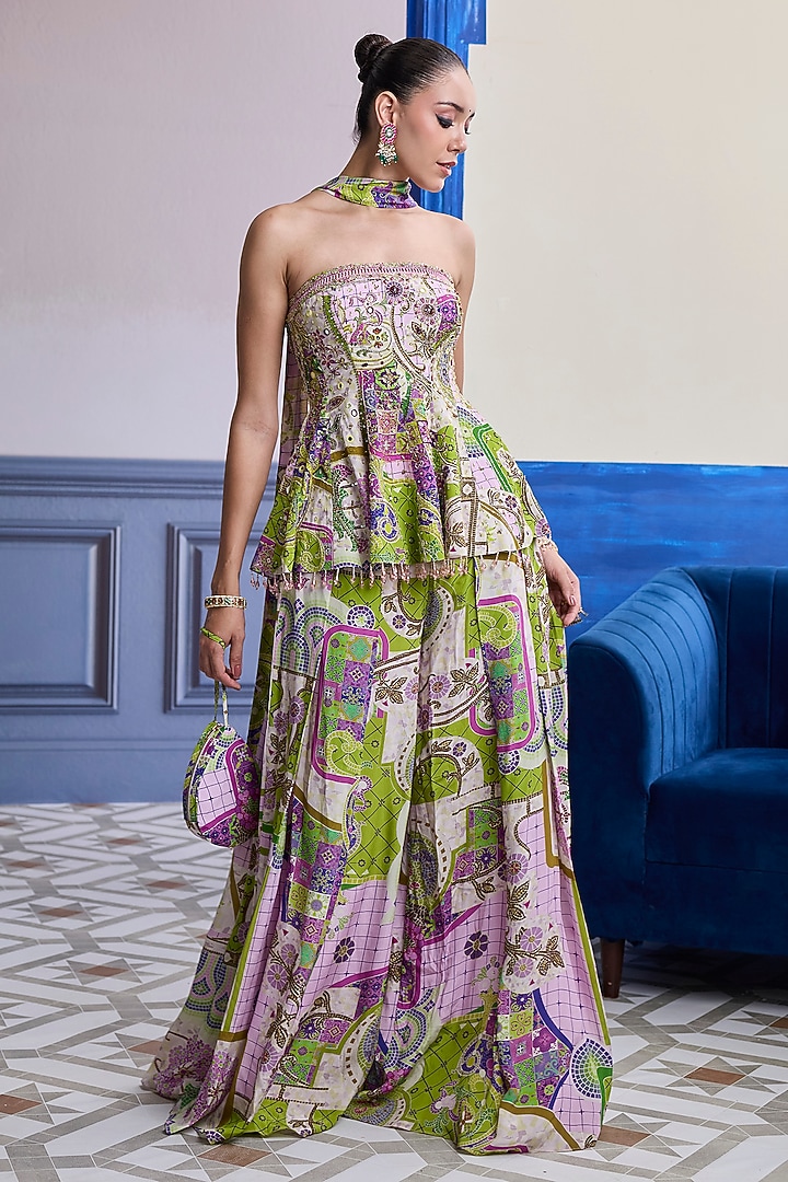 Bubblegum Purple Crepe Mosaic Printed Peplum Kurta Set by DiyaRajvvir at Pernia's Pop Up Shop