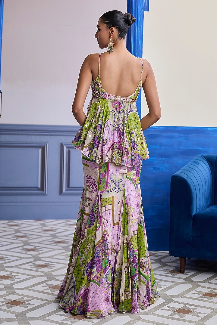 Bubblegum Purple Organza Mosaic Printed Mermaid Skirt Set by DiyaRajvvir at Pernia's Pop Up Shop